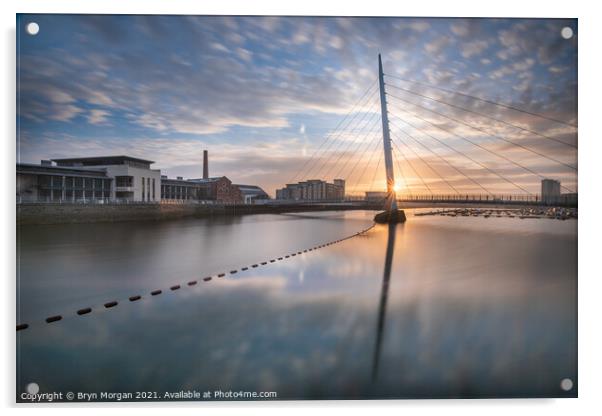 Swansea marina sail bridge at sunrise Acrylic by Bryn Morgan
