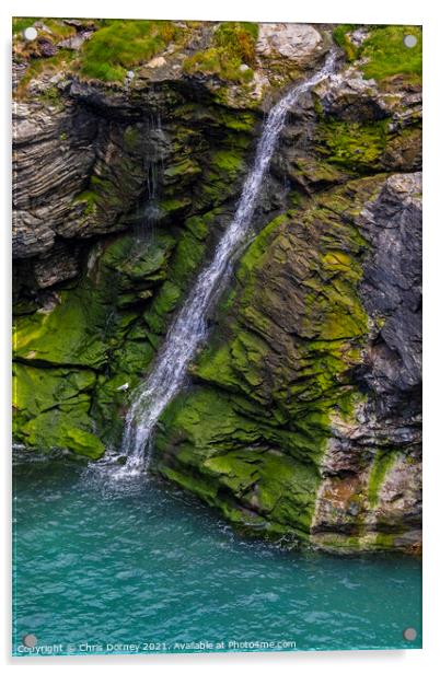 Waterfall at Tintagel Castle in Cornwall, UK Acrylic by Chris Dorney