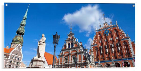 House of the Blackheads, St. Peter's Church and Saint Roland Statue in Riga Acrylic by Chris Dorney