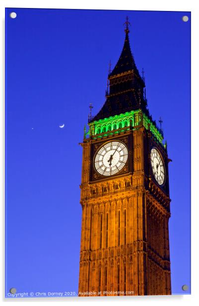 Big Ben with the Moon and Venus Acrylic by Chris Dorney