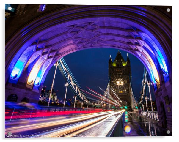 Light Trails on Tower Bridge in London Acrylic by Chris Dorney