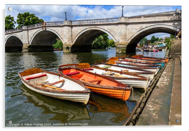 Richmond Bridge and wooden row boats on the River  Acrylic by Milton Cogheil
