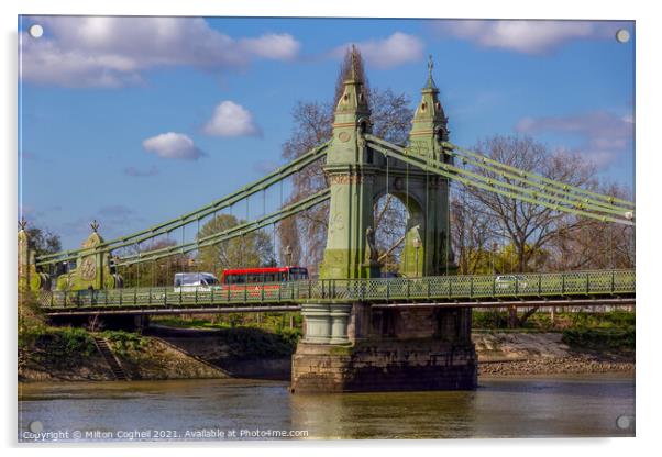 Red London bus on Hammersmith Bridge Acrylic by Milton Cogheil