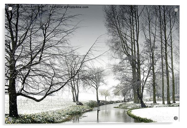 Snowfall at the River Wensum Bintree Norfolk Acrylic by john hartley