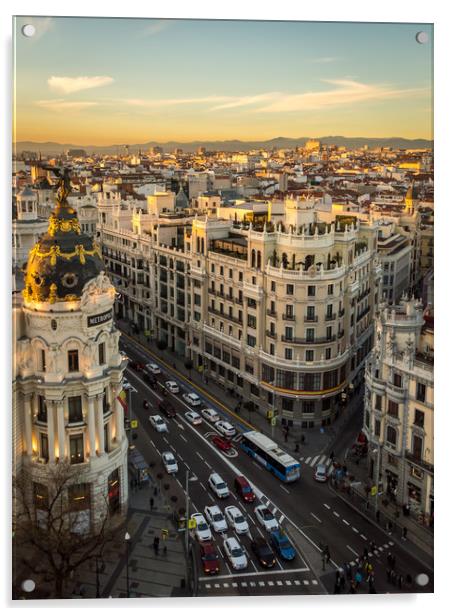 Madrid sunset views of the iconic Gran Via Acrylic by Sebastien Greber