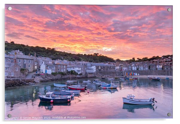 Fiery sunset at Mousehole Harbour Acrylic by Simon Maycock
