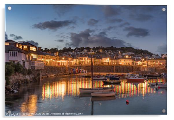 Mousehole harbour reflections at night Acrylic by Simon Maycock