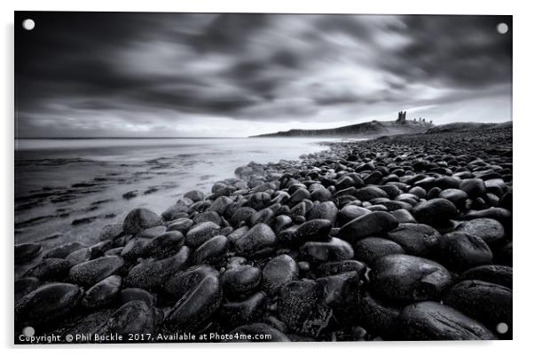 Dunstanburgh Boulders Black and White Acrylic by Phil Buckle