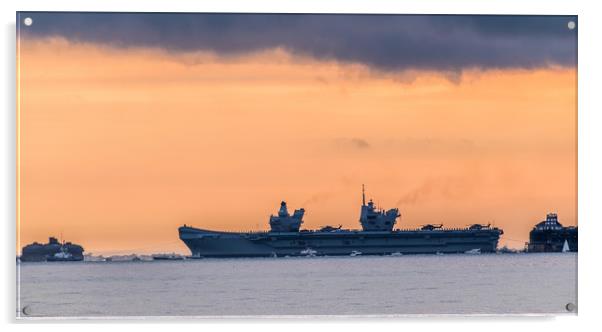 HMS Queen Elizabeth passing Solent Forts Acrylic by Alf Damp