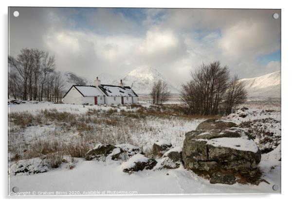Black Rock Cottage, snowy Scottish scene. Glencoe Acrylic by Graham Binns