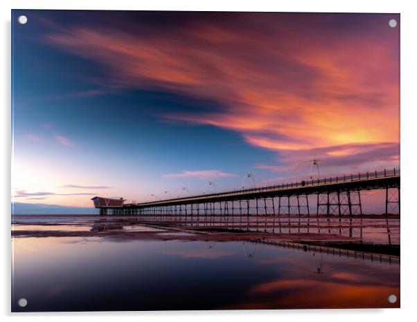 Southport Pier Fiery Sunset Acrylic by Andrew George