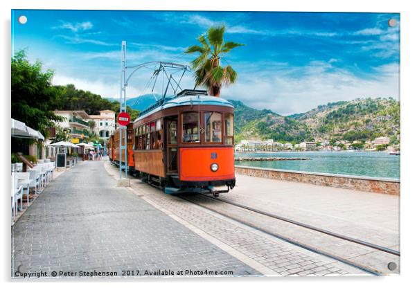 Old Wooden Tram tram on Port De Soller seafront Acrylic by Peter Stephenson