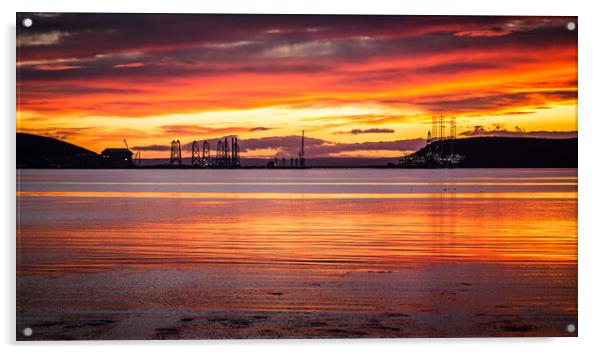 Cromarty Firth Rigs at Sunrise Acrylic by John Frid