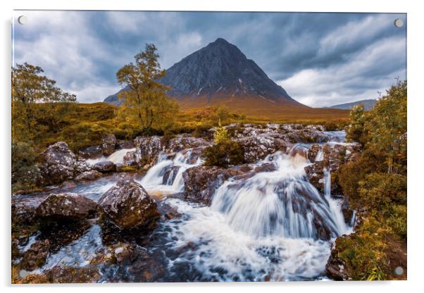 Buachaille Etive Mor and River Coupall Waterfall Acrylic by John Frid