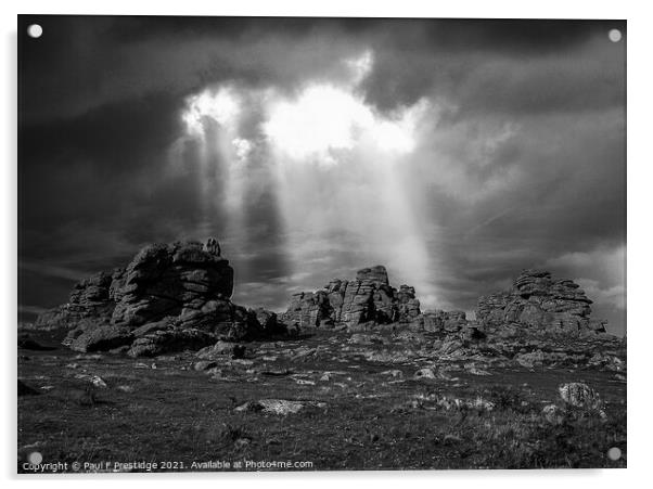 Stoimy Sky at Hound Tor, Dartmoor, Monochrome Acrylic by Paul F Prestidge