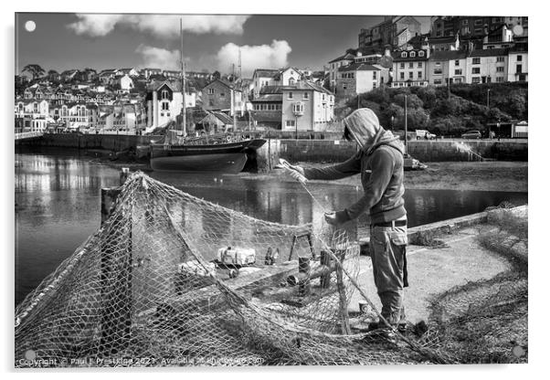 Mending Nets at Brixham Harbour Monochrome Acrylic by Paul F Prestidge