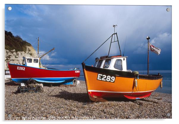 Boats in Storm Lighting at Beer, Jurassic Coast, D Acrylic by Paul F Prestidge