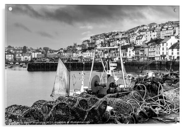 Pots and Nets at Brixham Monochrome Acrylic by Paul F Prestidge