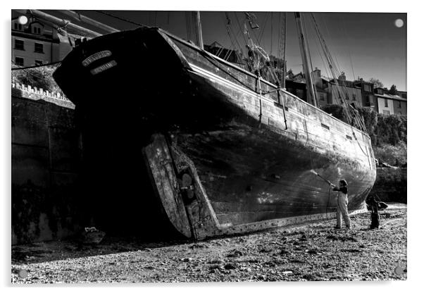 Working on 'Leader' Sail Trawler at Brixham, Devon Monochrome Acrylic by Paul F Prestidge