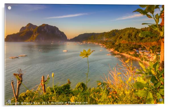 Close up of a yellow flower with El Nido Town in b Acrylic by Marco Bicci