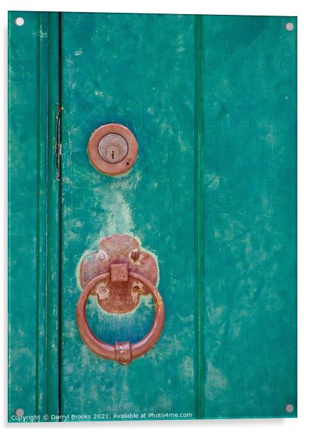 Brass Lock and Knocker on Old Green Door Acrylic by Darryl Brooks