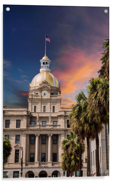 Savannah City Hall and Palm Trees Acrylic by Darryl Brooks