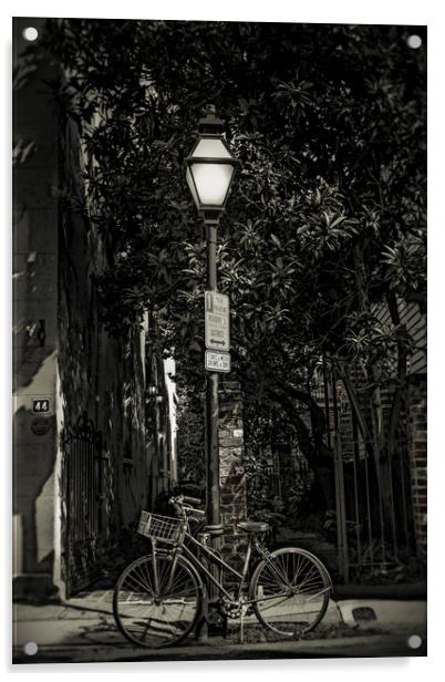 Bicycle Chained to Black Lamp Post Acrylic by Darryl Brooks