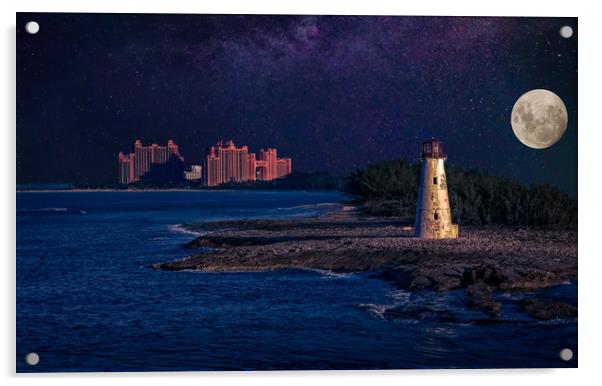 Lighthouse and Resort in Bahamas at Night Acrylic by Darryl Brooks