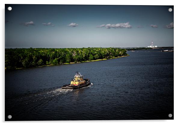 Dark Tugboat on River Acrylic by Darryl Brooks