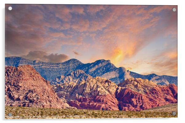 Red Rock and Blue Mountains Rising from Desert at Sunset Acrylic by Darryl Brooks