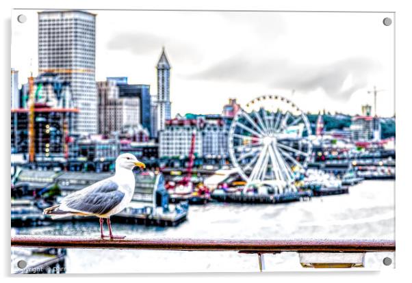 Seagull and Seattle Ferris Wheel Acrylic by Darryl Brooks