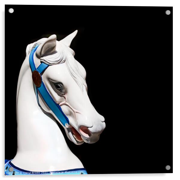 White Carousel Horses Head on Black Background Acrylic by Darryl Brooks