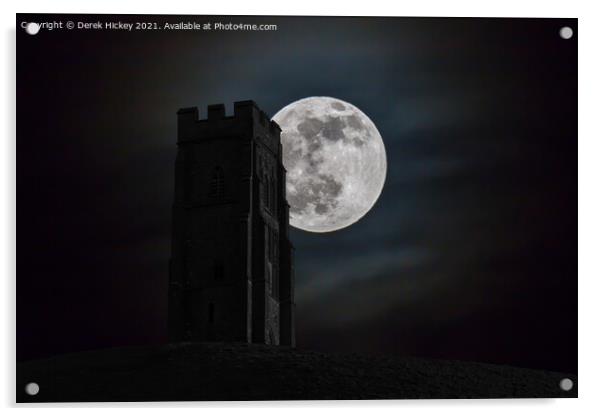 Glastonbury Tor Big Moon Acrylic by Derek Hickey