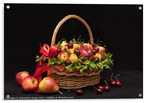 Basket with fresh fruits and berries on a black background Acrylic by Dobrydnev Sergei
