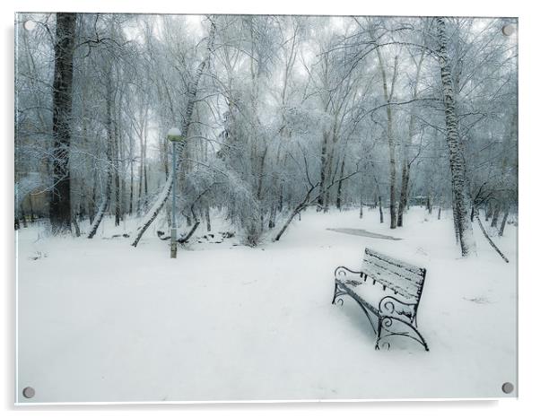 Snow-covered city park with a lonely bench Acrylic by Dobrydnev Sergei