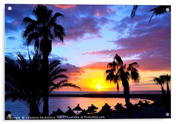Sunset at ocean beach in Tenerife,Canary Islands. Acrylic by Valentina Severinova