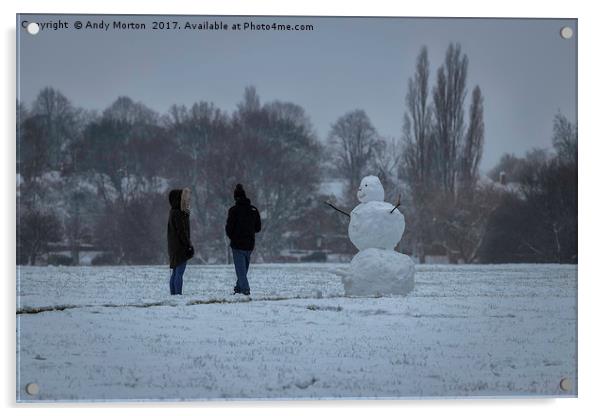 Snowman at Braunstone Park Acrylic by Andy Morton
