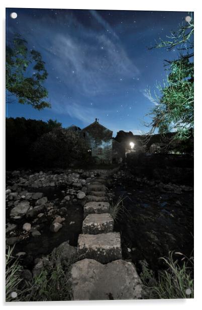 Starry night over the stepping stones, Stainforth Acrylic by Pete Collins
