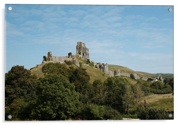 A postcard view of Corfe Castle Acrylic by Simon J Beer