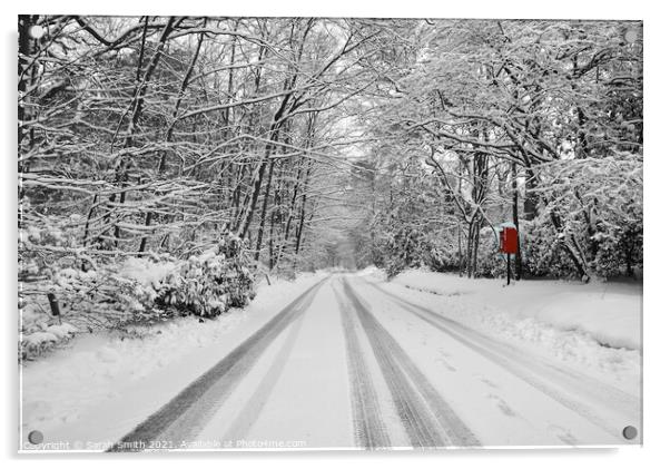 Snowy Road with Bright Red Postbox Acrylic by Sarah Smith