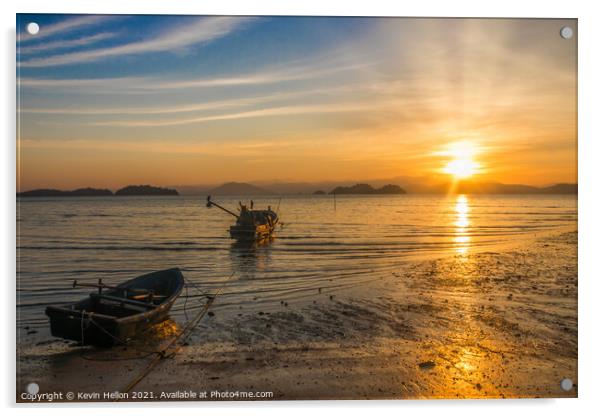 Boats at sunrise, Koh Phayam, Thailand Acrylic by Kevin Hellon