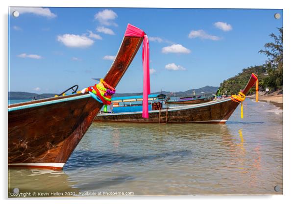 Long tail boats on the Andaman Sea  Acrylic by Kevin Hellon