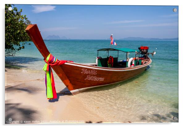 Long tail boat beached on Naka Island, Phuket Acrylic by Kevin Hellon