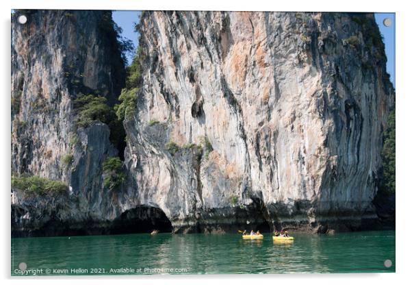 Tourists in inflatble canoes exploring Koh Hong, hang Nga Bay, h Acrylic by Kevin Hellon