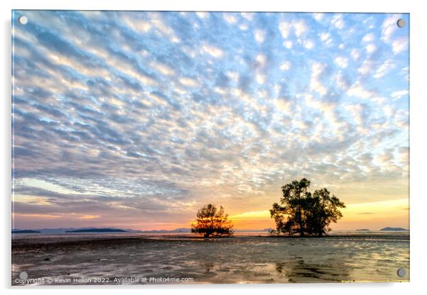 Trees at sunrise against a mackerel sky,  Acrylic by Kevin Hellon