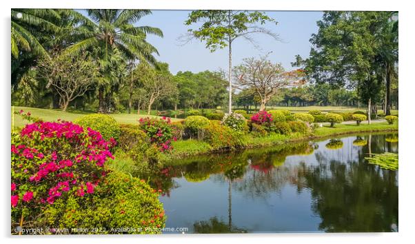 Lake and flowers, Dynasty golf course, Nakhon Pathom, Thailand Acrylic by Kevin Hellon