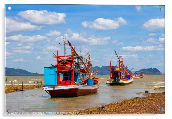 Thai fishing boats anchored in Koh Lanta, Krabi, Thailand Acrylic by Kevin Hellon