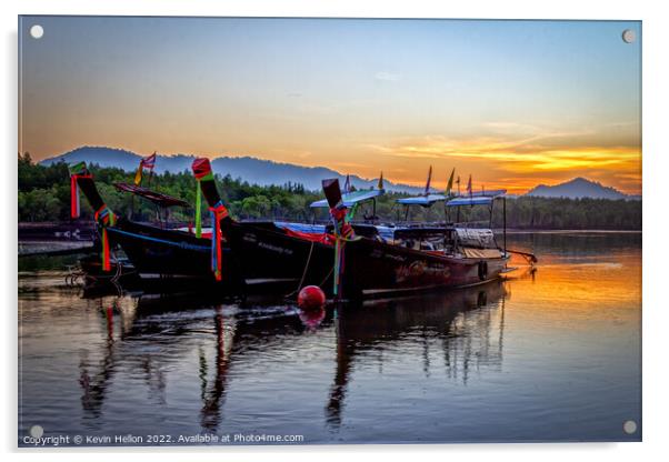 Long tail boats moored in Psk Meng, Trang Province at sunrise. Acrylic by Kevin Hellon