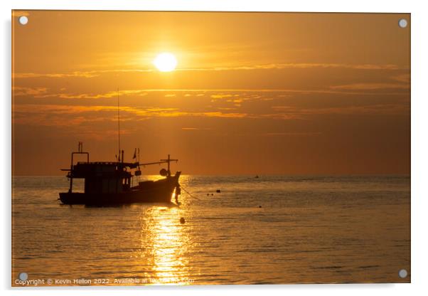 Fishing boat at sunset, Bang Tao beach, Phuket, Thailand Acrylic by Kevin Hellon