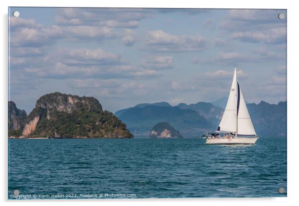 Yacht sailing in Phang Nga Bay, Phuket, Thailand Acrylic by Kevin Hellon